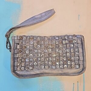 Platania Italian Leather Studded Wristlet Clutch Blue Gray Zip 5x9 Genuine Italy